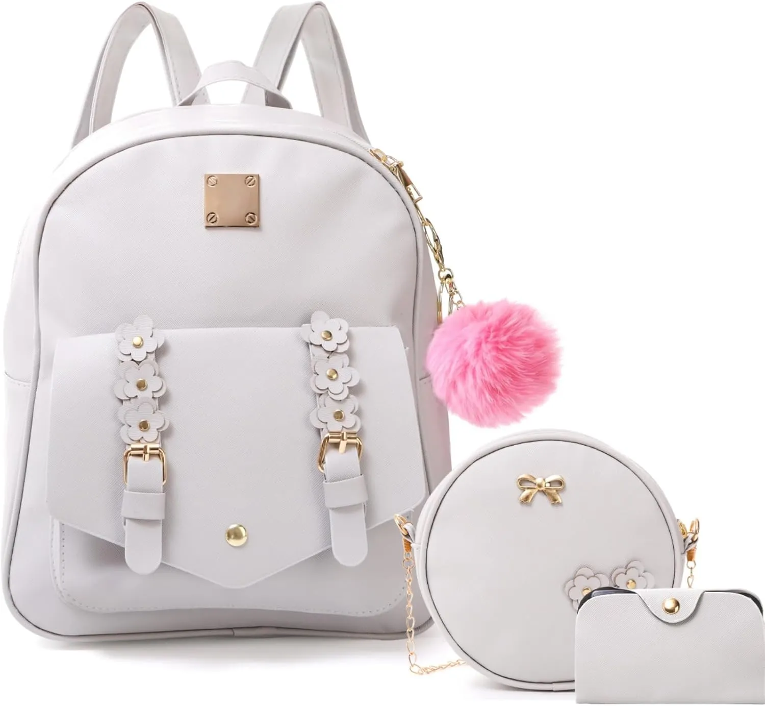 3 PCS Girls Fashion Mini Backpack Purse, Cute Bowknot PU Leather Shoulder Bag, Small Zipper Bookbag with Pendant, Casual Travel Daypacks for Women Ladies, Grey
