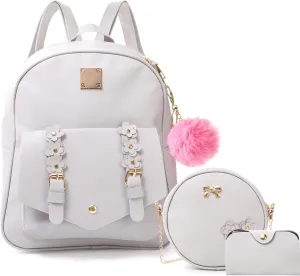 3 PCS Girls Fashion Mini Backpack Purse, Cute Bowknot PU Leather Shoulder Bag, Small Zipper Bookbag with Pendant, Casual Travel Daypacks for Women Ladies, Grey