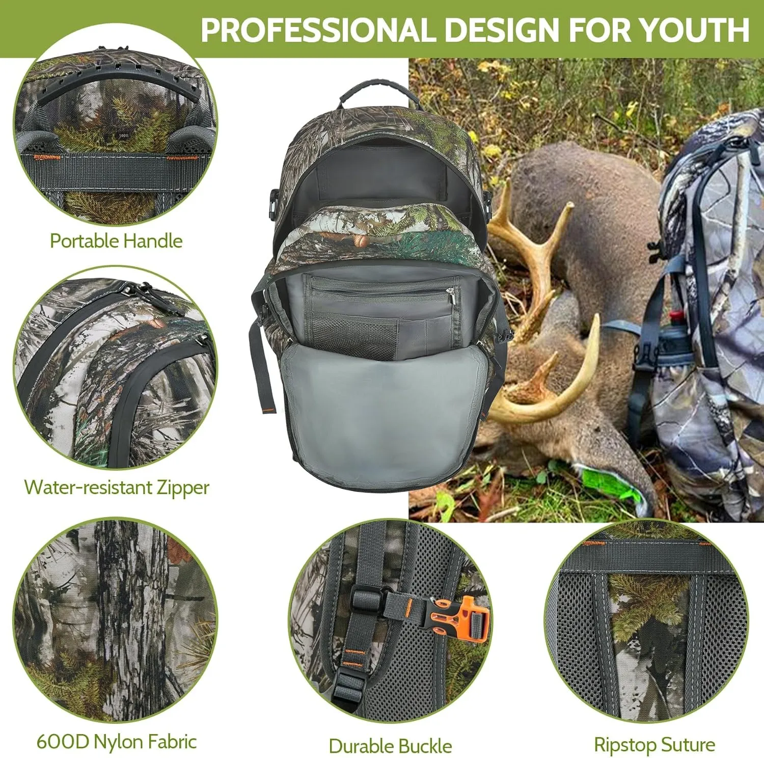 30L Kids Camo Hunting Backpack with 11 Pockets, Small Lightweight Hunting Bag for Youth, Day Pack for Travel, Hiking, Camping