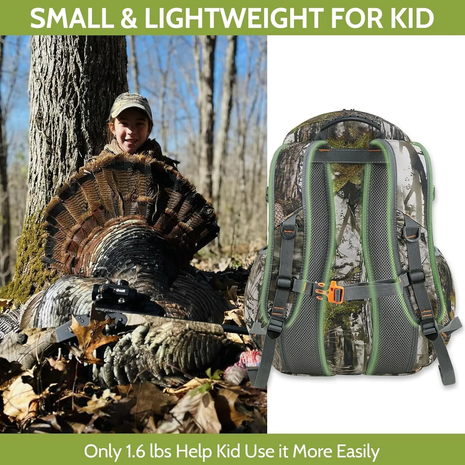30L Kids Camo Hunting Backpack with 11 Pockets, Small Lightweight Hunting Bag for Youth, Day Pack for Travel, Hiking, Camping