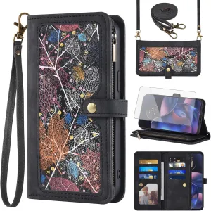 Asuwish Phone Case for Motorola Moto Edge 2022/MotoEdge 5G UW 2022 Wallet Cover With Screen Protector Crossbody Wrist Strap Flip Pattern Zipper Card Holder Stand Cell Gen 3 XT2205-1 XT2205-2 6.6 Black