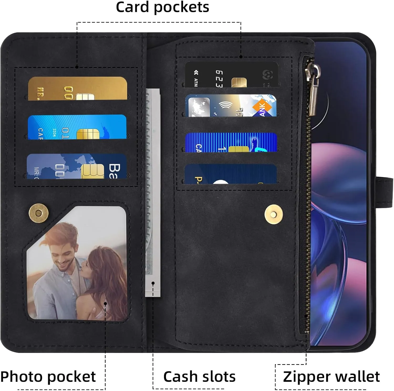 Asuwish Phone Case for Motorola Moto Edge 2022/MotoEdge 5G UW 2022 Wallet Cover With Screen Protector Crossbody Wrist Strap Flip Pattern Zipper Card Holder Stand Cell Gen 3 XT2205-1 XT2205-2 6.6 Black