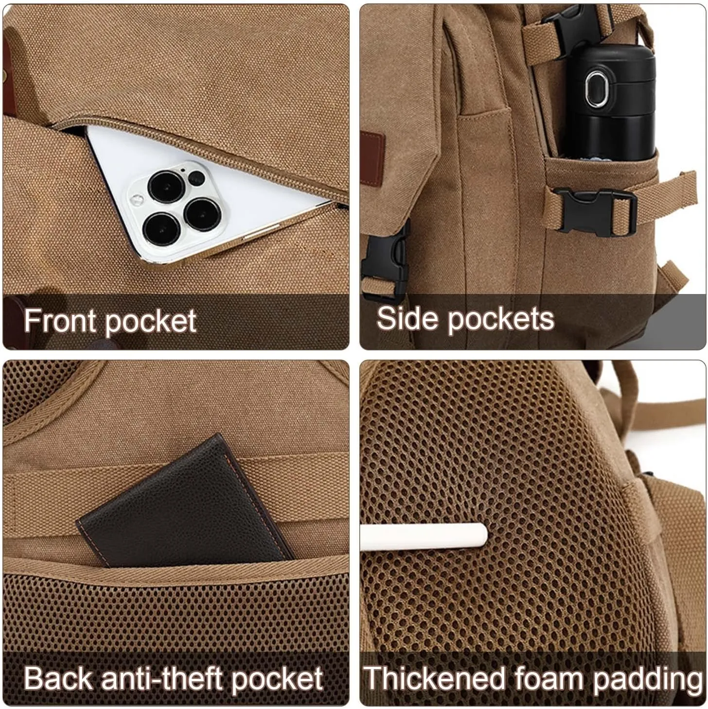 AUGUR Canvas Backpack for Men Casual Daypack Vintage Rucksack Laptop Backpack fit 15-17 inch Travel Hiking School Backpack(35L-Khaki)