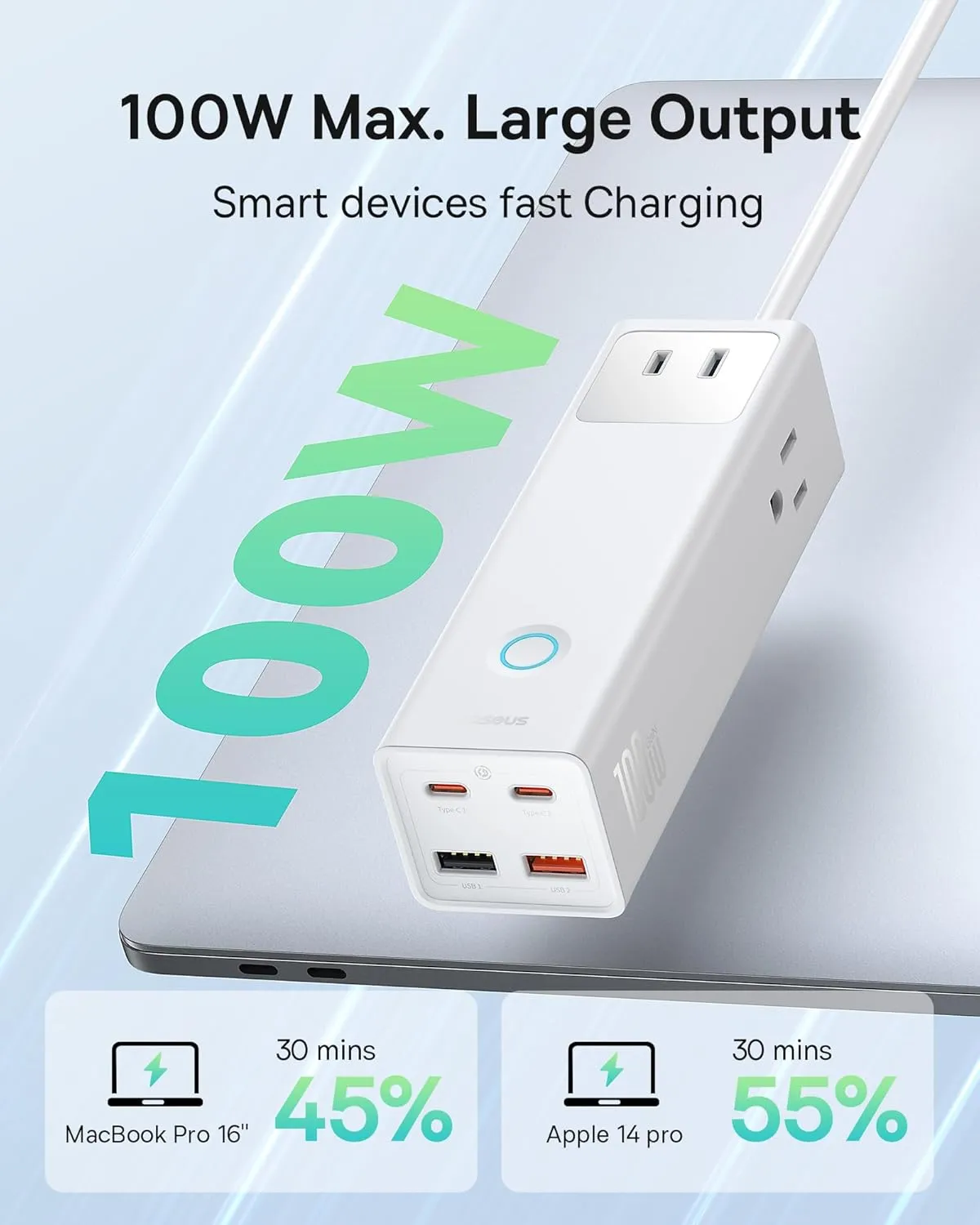 Baseus Power Strip Surge Protector 1200J - PD100W USB C Charger Extension Cord with 3 AC Outlets & 3 USB Port Fast Charging Charging Station for Office Dorm Room Home