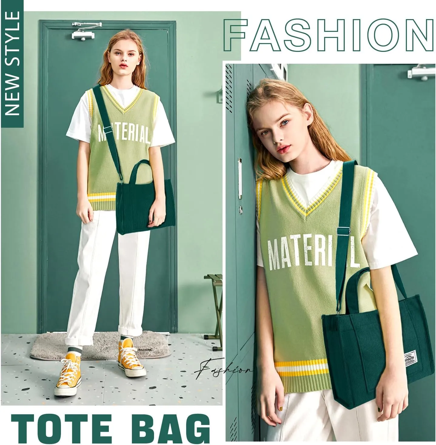 BINSUNS Corduroy Tote Bag for Women Small Satchel Bag Mini Tote Bag Aesthetic Crossbody Handbag - School Work Travel Shopping