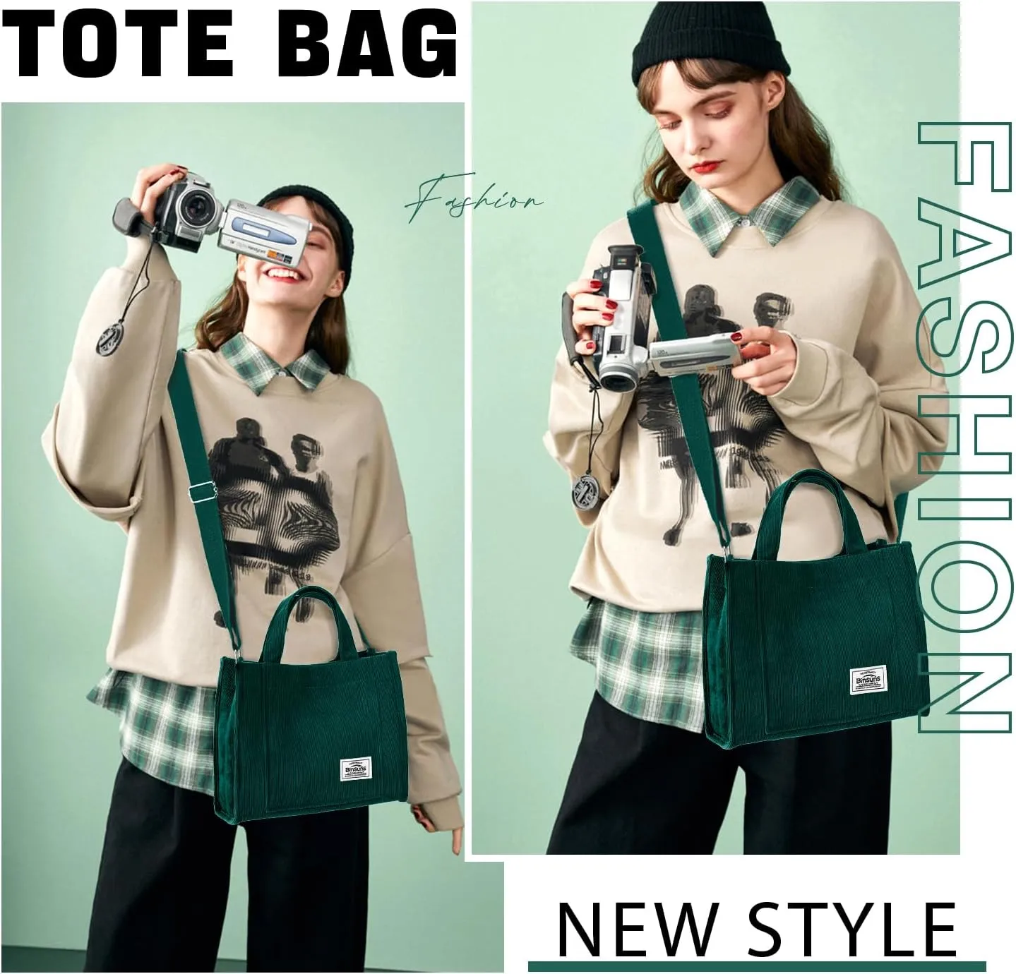 BINSUNS Corduroy Tote Bag for Women Small Satchel Bag Mini Tote Bag Aesthetic Crossbody Handbag - School Work Travel Shopping