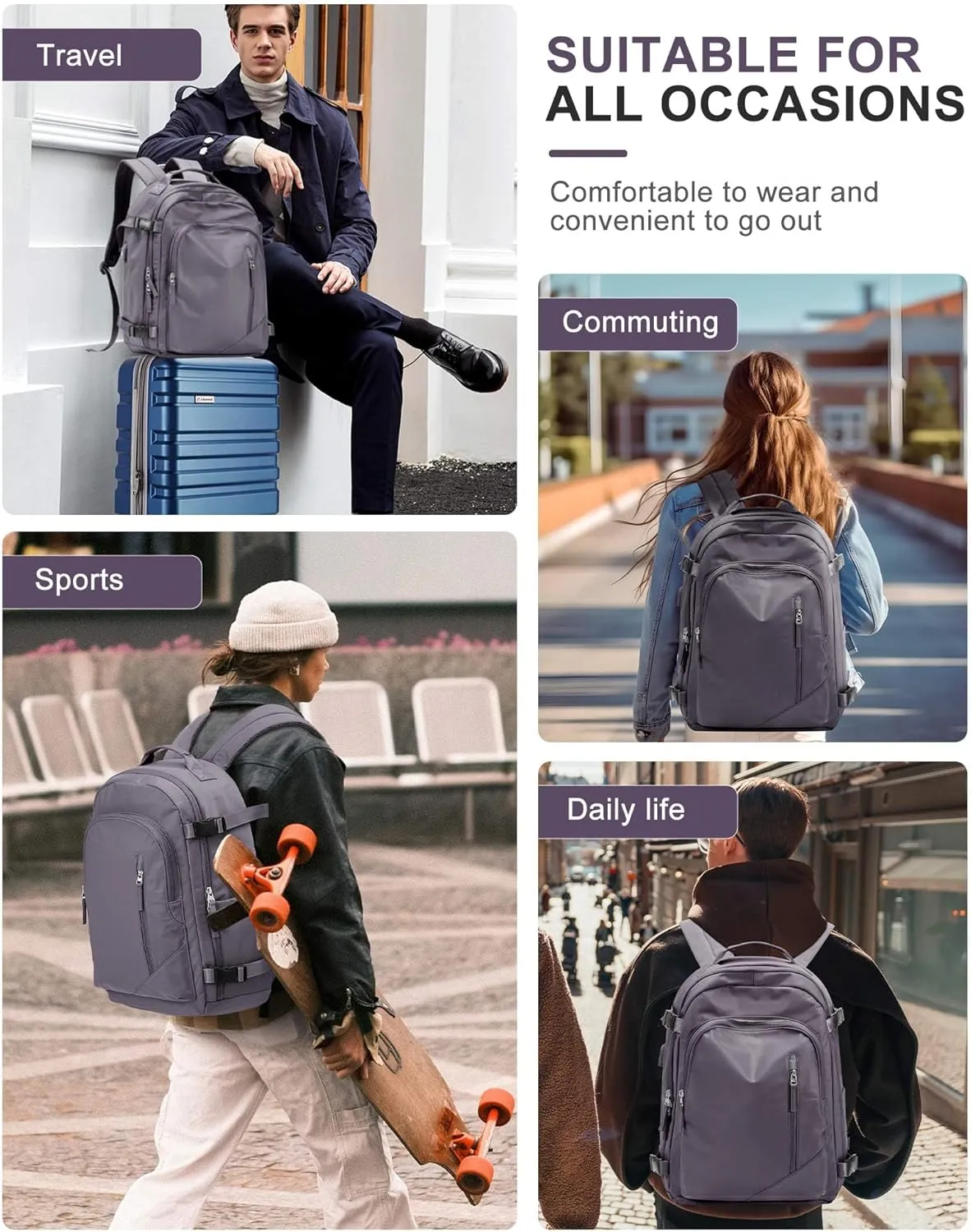 BJLFS Large Travel Backpack for Women Men,Carry On Backpack,Hiking Backpack Waterproof Outdoor Sports Rucksack Casual Work Gym Weekender Daypack Travel Essentialssimple, Purple