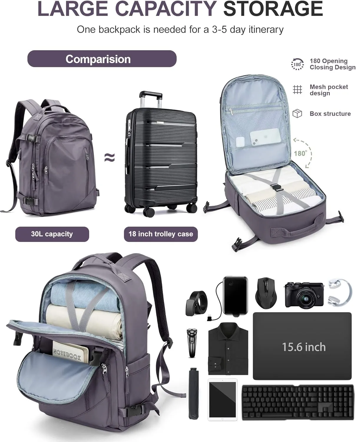 BJLFS Large Travel Backpack for Women Men,Carry On Backpack,Hiking Backpack Waterproof Outdoor Sports Rucksack Casual Work Gym Weekender Daypack Travel Essentialssimple, Purple