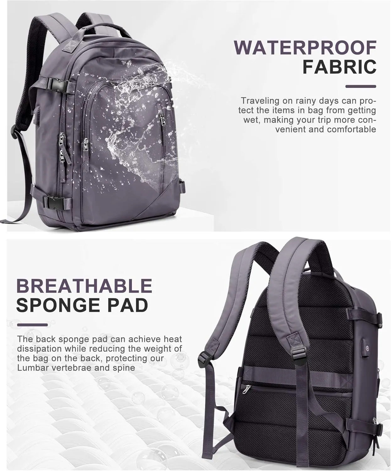 BJLFS Large Travel Backpack for Women Men,Carry On Backpack,Hiking Backpack Waterproof Outdoor Sports Rucksack Casual Work Gym Weekender Daypack Travel Essentialssimple, Purple