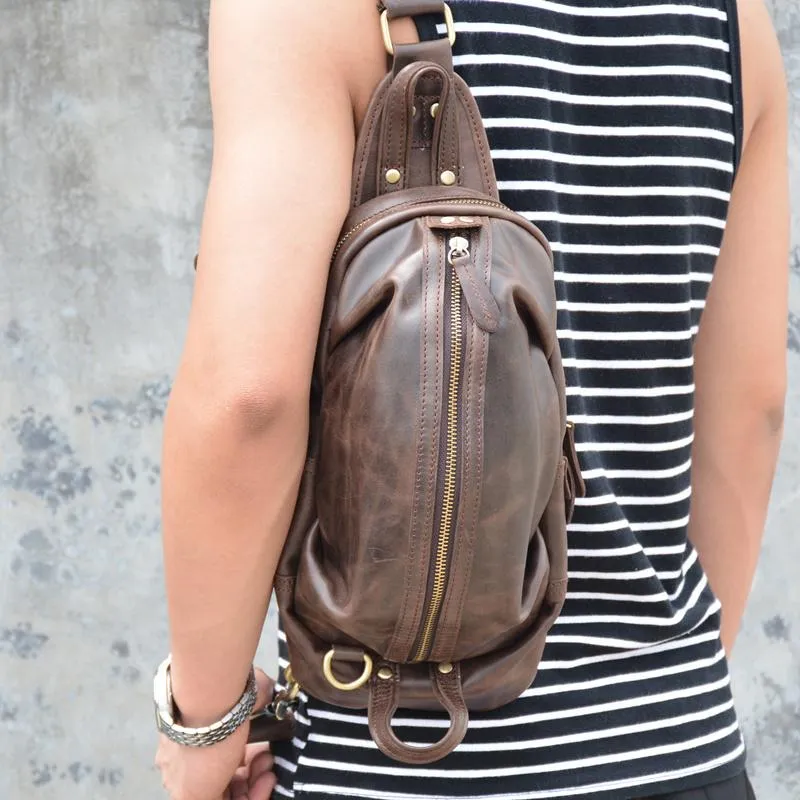 Black Crossbody Chest Bag Leather Sling Pack Cool Sling Bags for Men Cool Mens Sling Bags