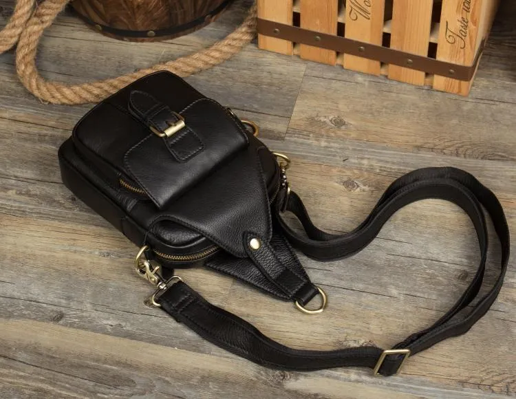 Black Leather Mens Cool Sling Bag Sling Pack Black Crossbody Packs Chest Bags for men