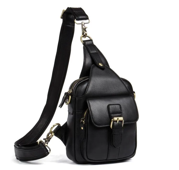 Black Leather Mens Cool Sling Bag Sling Pack Black Crossbody Packs Chest Bags for men
