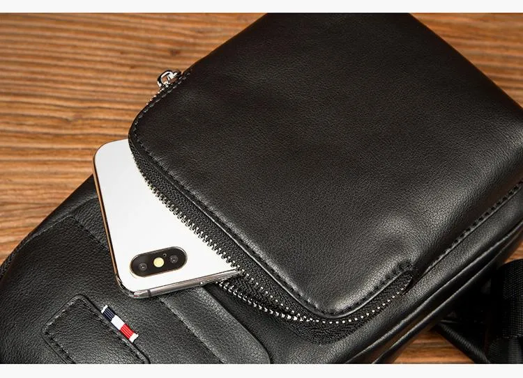Black Leather Mens Cool Sling Pack Sling Bags Black Crossbody Packs Chest Bag for men