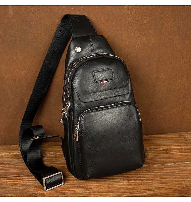 Black Leather Mens Cool Sling Pack Sling Bags Black Crossbody Packs Chest Bag for men