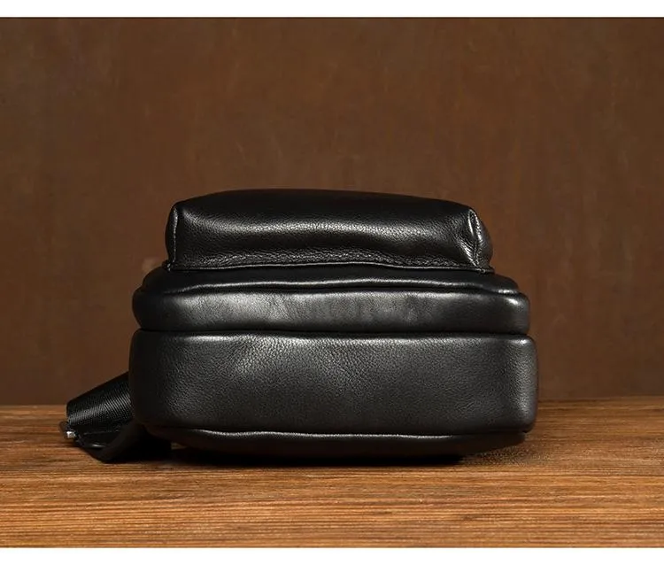 Black Leather Mens Cool Sling Pack Sling Bags Black Crossbody Packs Chest Bag for men