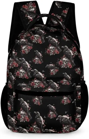 Black Raven Goth Skull Roses Backpack Travel Daypack Print Back Pack Lightweight Laptop Shoulder Bag