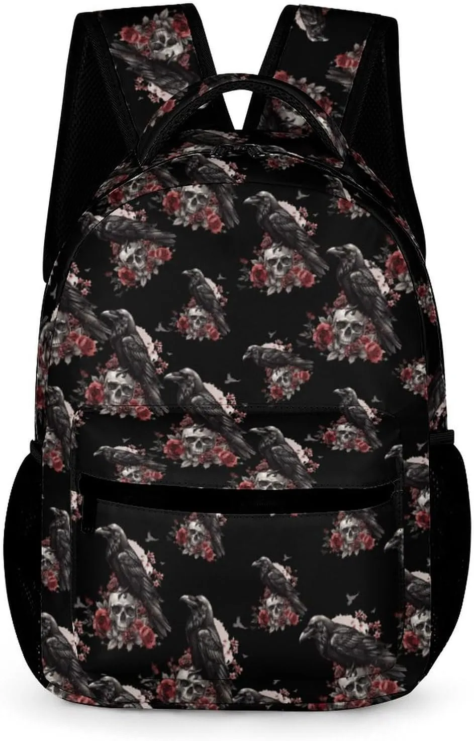 Black Raven Goth Skull Roses Backpack Travel Daypack Print Back Pack Lightweight Laptop Shoulder Bag