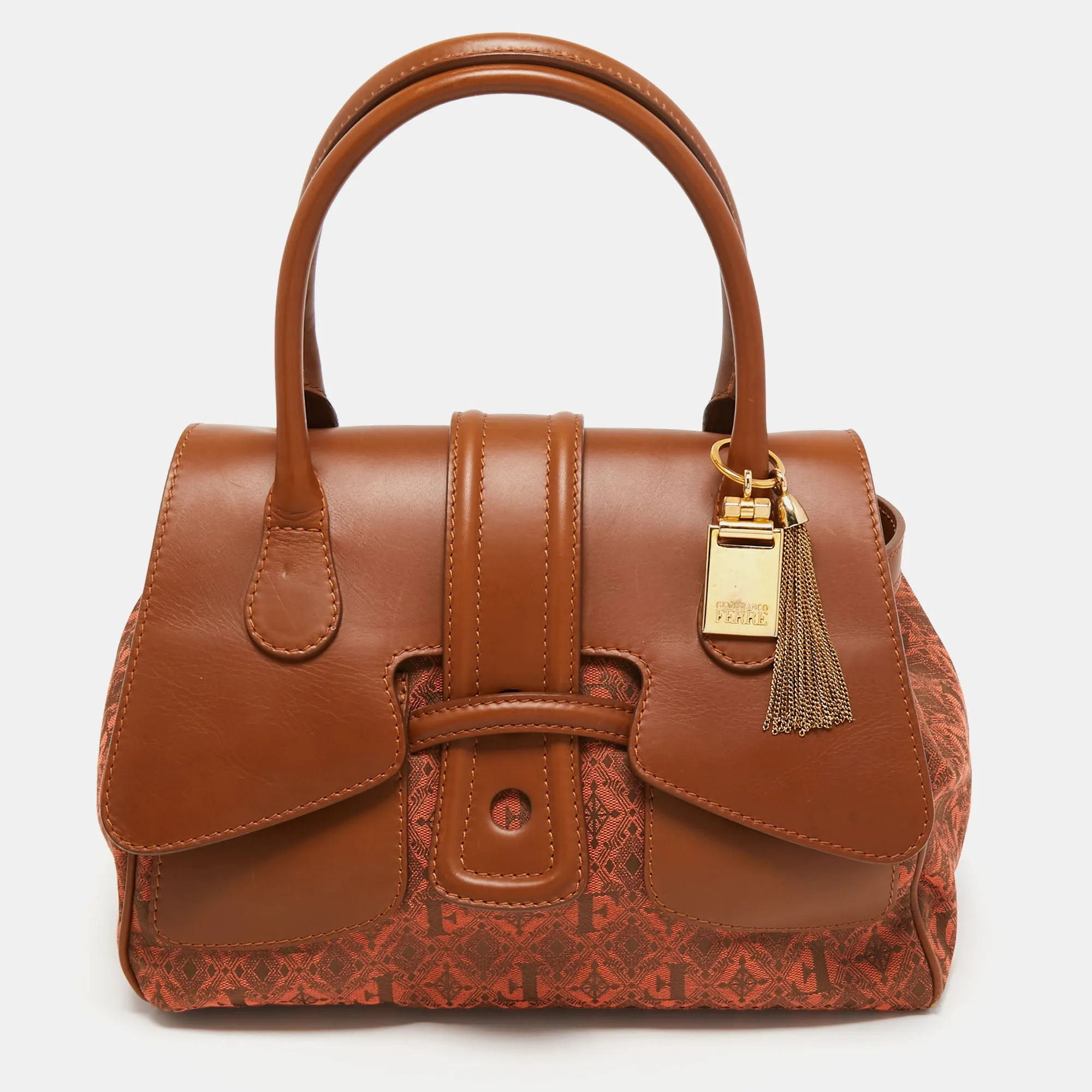 Brown Jacquard Fabric and Leather Flap Satchel