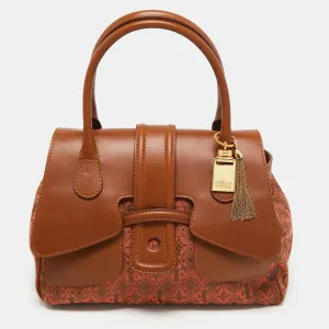 Brown Jacquard Fabric and Leather Flap Satchel