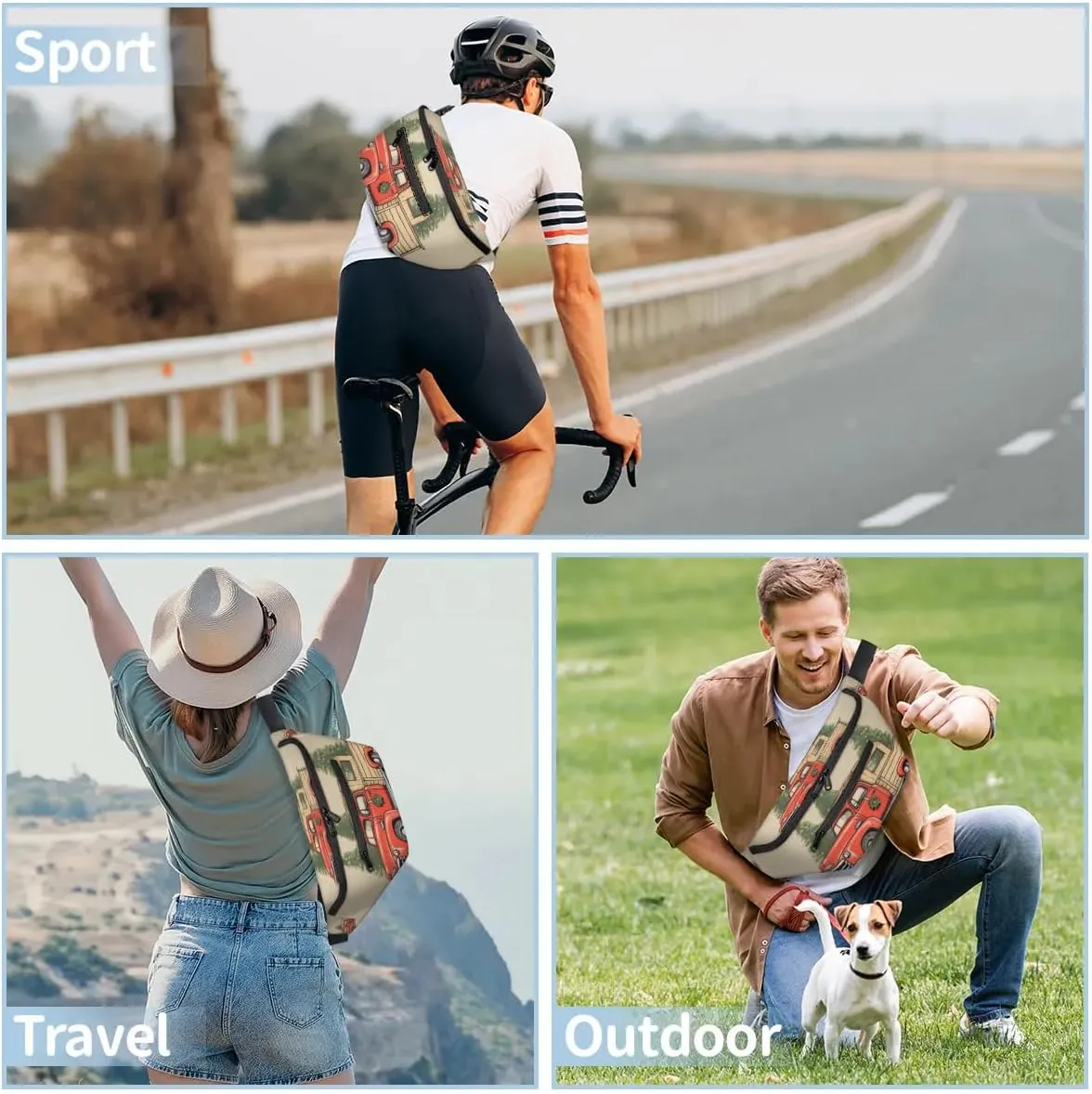 Car Tree Christmas Sling Bag Crossbody Backpack Chest Daypack for Women Sport Travel Hiking Casual Bag Multipurpose Waist Pack With Zipper Closure Adjustable Strap Shoulder Bag