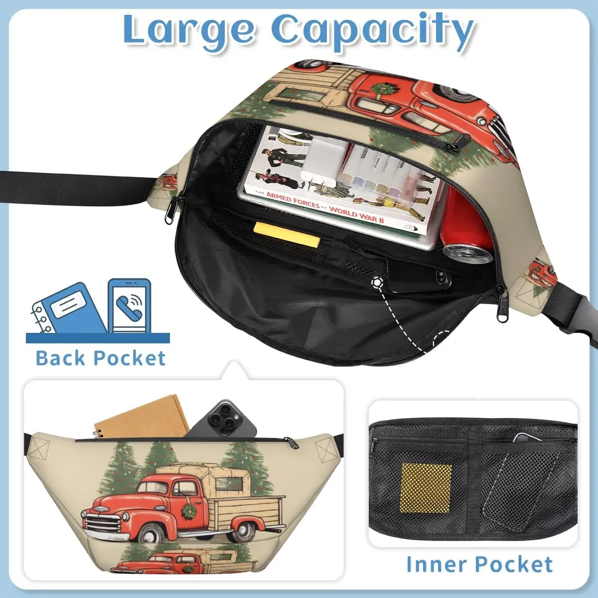 Car Tree Christmas Sling Bag Crossbody Backpack Chest Daypack for Women Sport Travel Hiking Casual Bag Multipurpose Waist Pack With Zipper Closure Adjustable Strap Shoulder Bag
