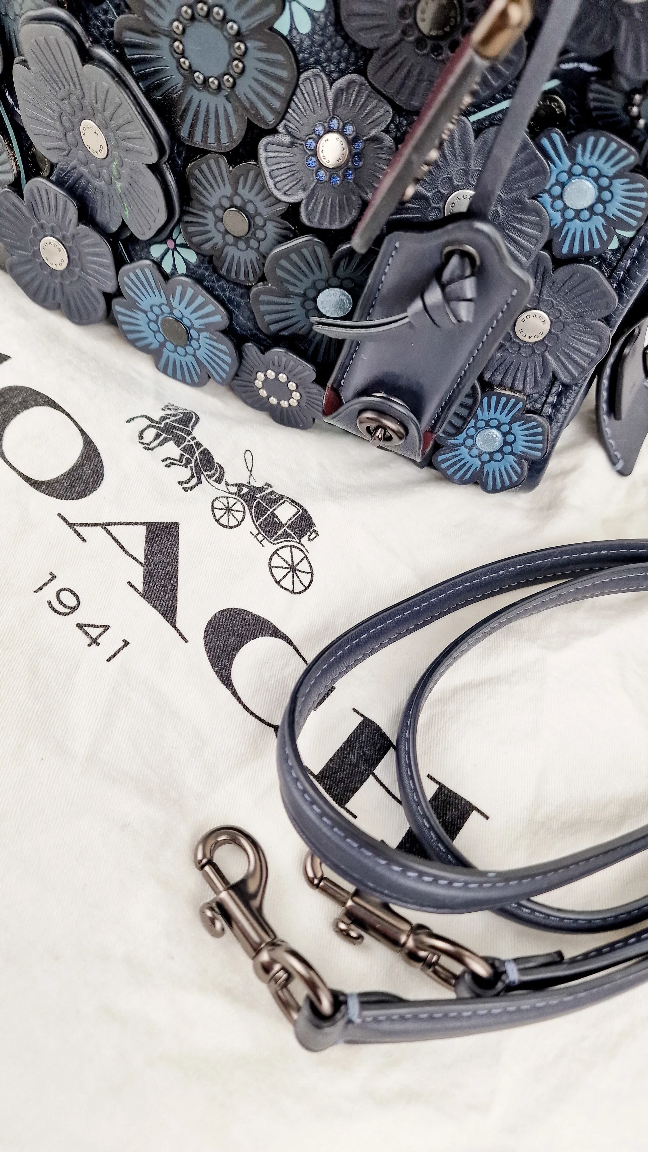 Coach 1941 Rogue 25 Tea Rose Appliqué in Midnight Navy Blue Leather & Suede Handbag - Coach 58840