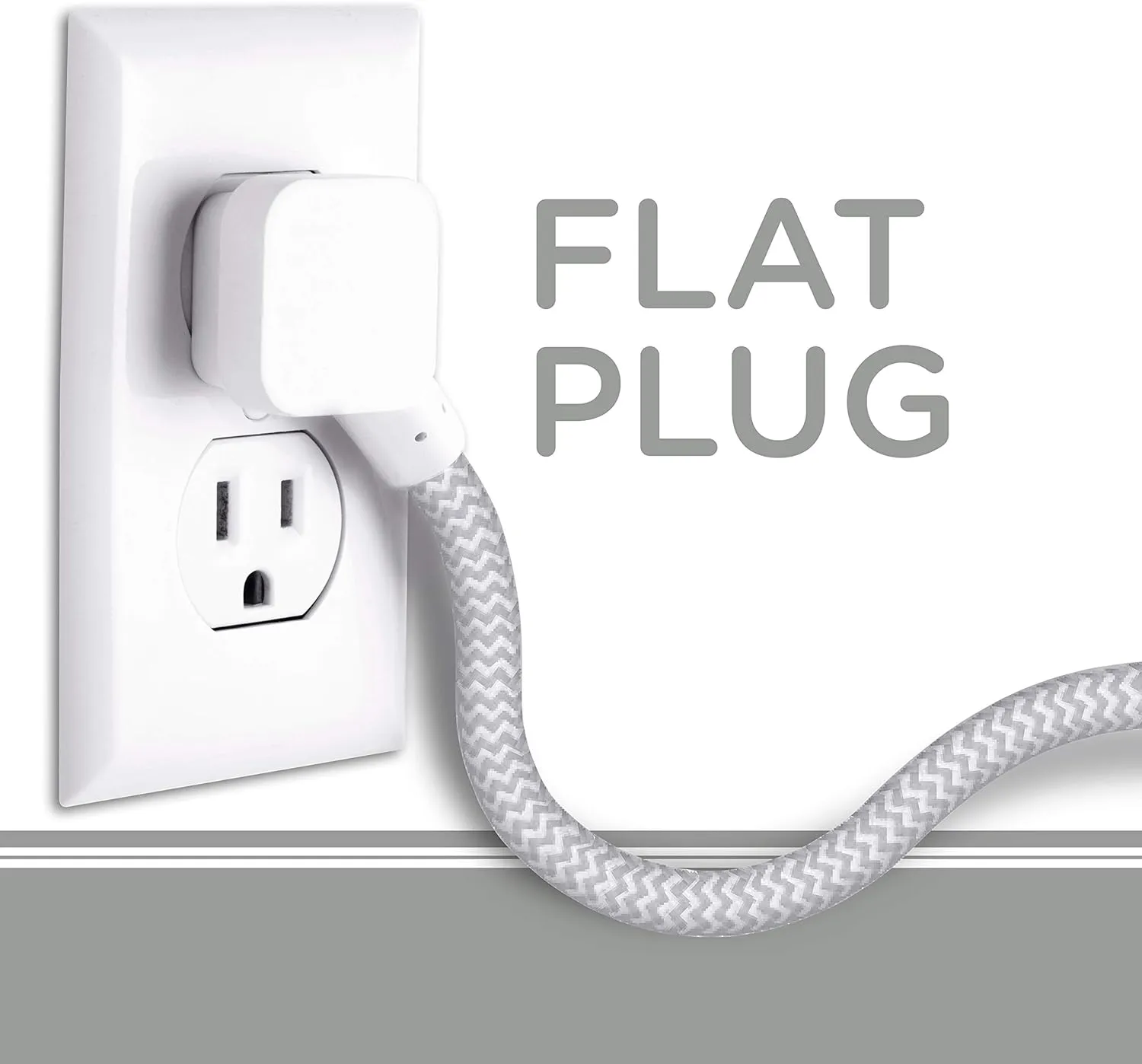 Cordinate Designer USB Charging Station Extension Cord, Power Strip Surge Protector, 2 Outlets, 2 USB Ports, Extra Long 10 Ft Cable with Flat Plug, Braided Cord, 2.4A Fast Charge, Gray/White, 41691