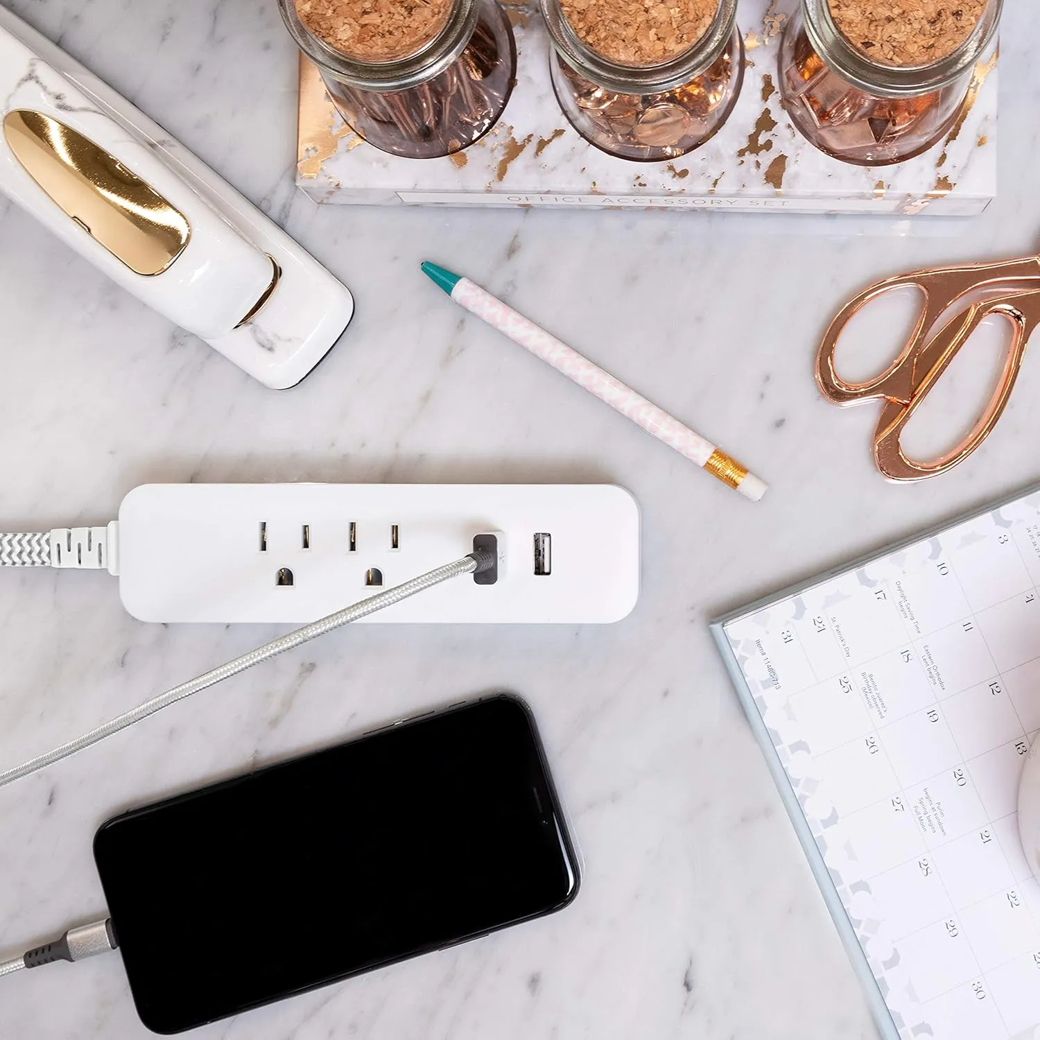 Cordinate Designer USB Charging Station Extension Cord, Power Strip Surge Protector, 2 Outlets, 2 USB Ports, Extra Long 10 Ft Cable with Flat Plug, Braided Cord, 2.4A Fast Charge, Gray/White, 41691