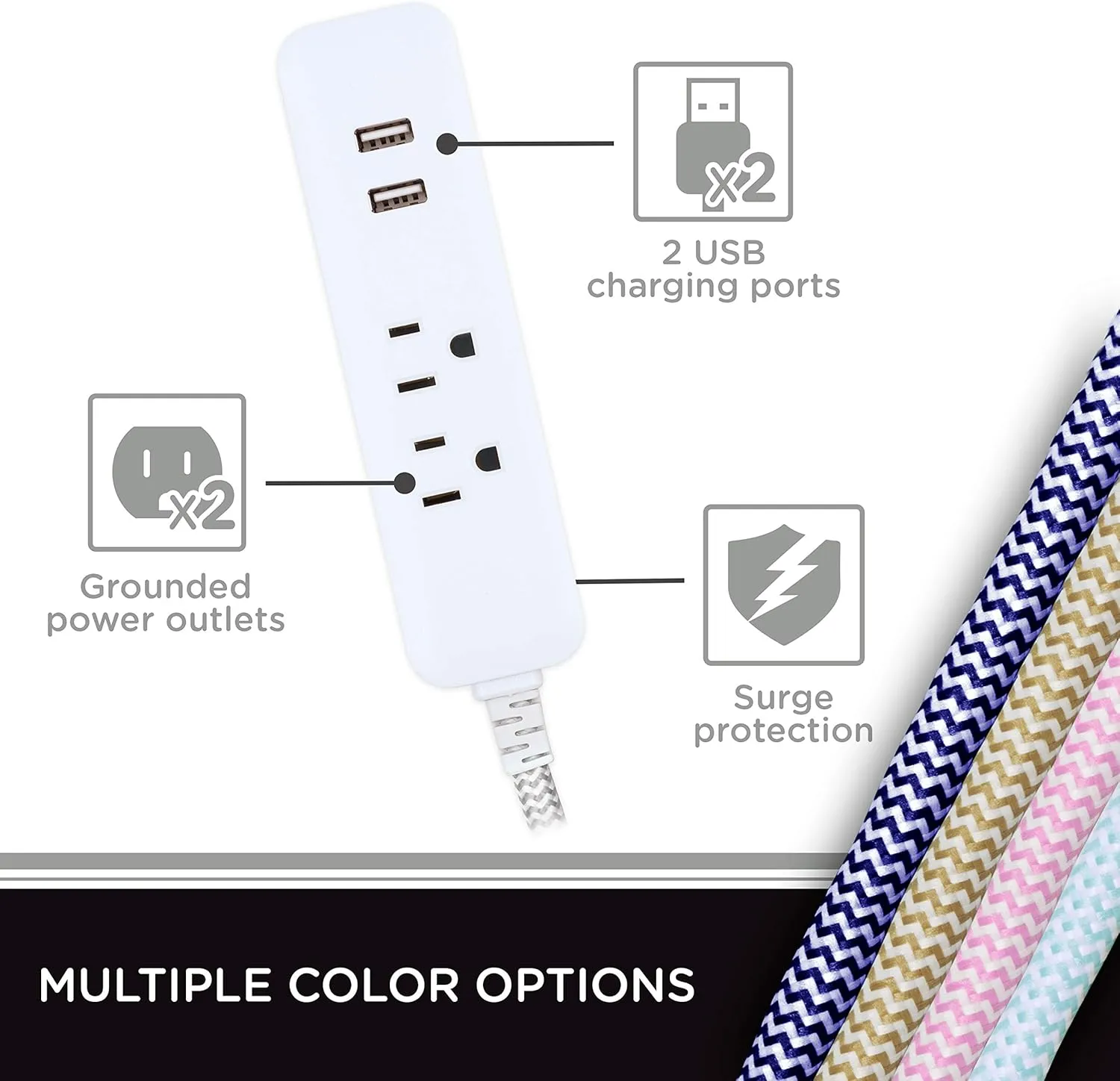 Cordinate Designer USB Charging Station Extension Cord, Power Strip Surge Protector, 2 Outlets, 2 USB Ports, Extra Long 10 Ft Cable with Flat Plug, Braided Cord, 2.4A Fast Charge, Gray/White, 41691