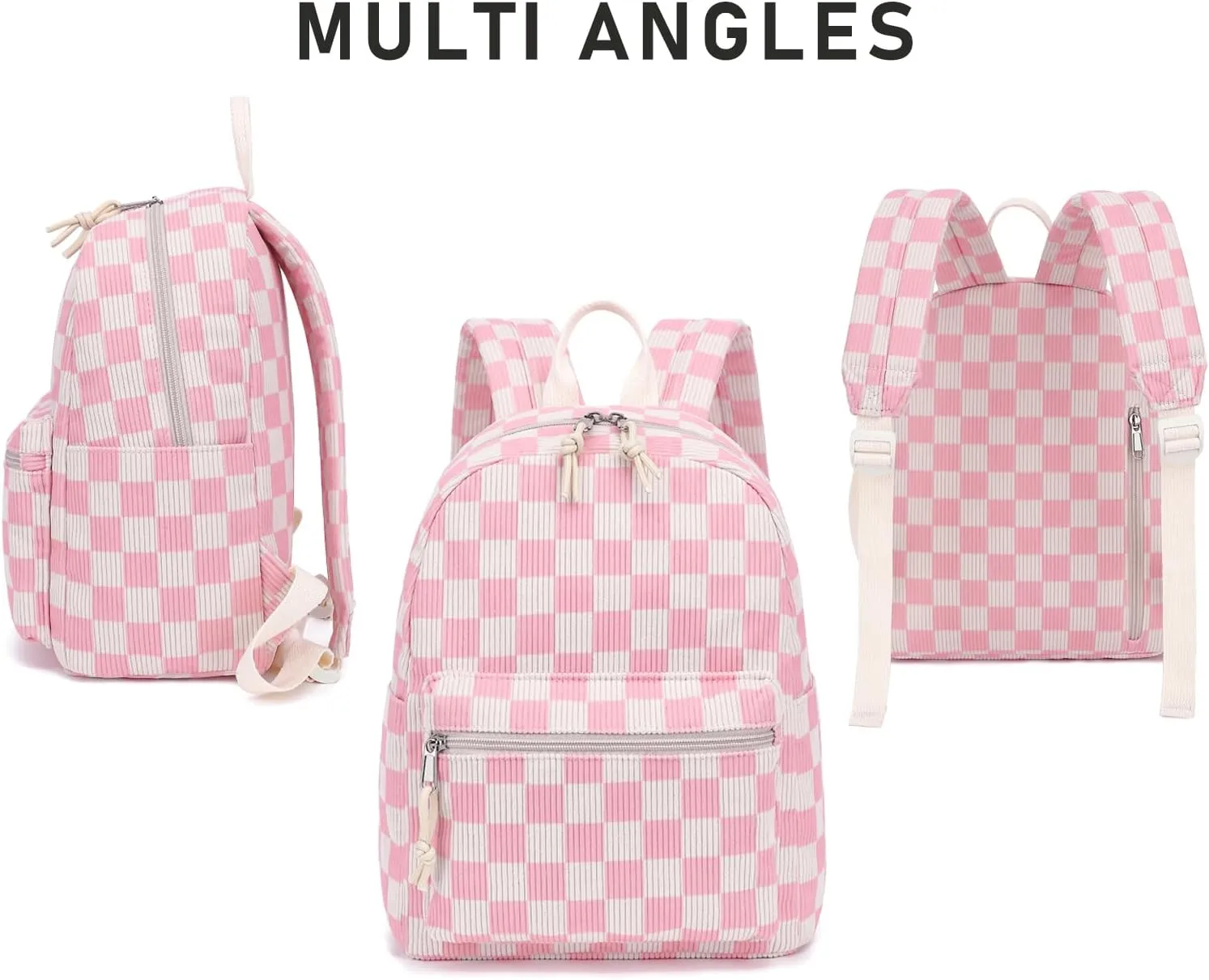Corduroy Mini Backpack Purse Fashion Small Backpack Casual Daypack for Women Girls School Travel (Checkered Pink)