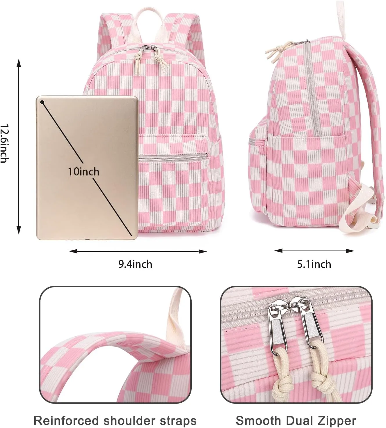 Corduroy Mini Backpack Purse Fashion Small Backpack Casual Daypack for Women Girls School Travel (Checkered Pink)