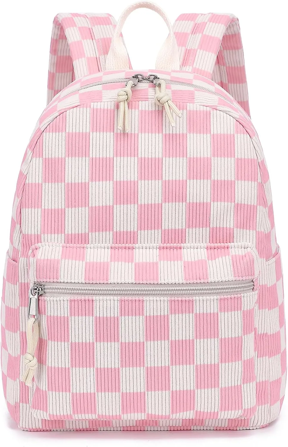 Corduroy Mini Backpack Purse Fashion Small Backpack Casual Daypack for Women Girls School Travel (Checkered Pink)
