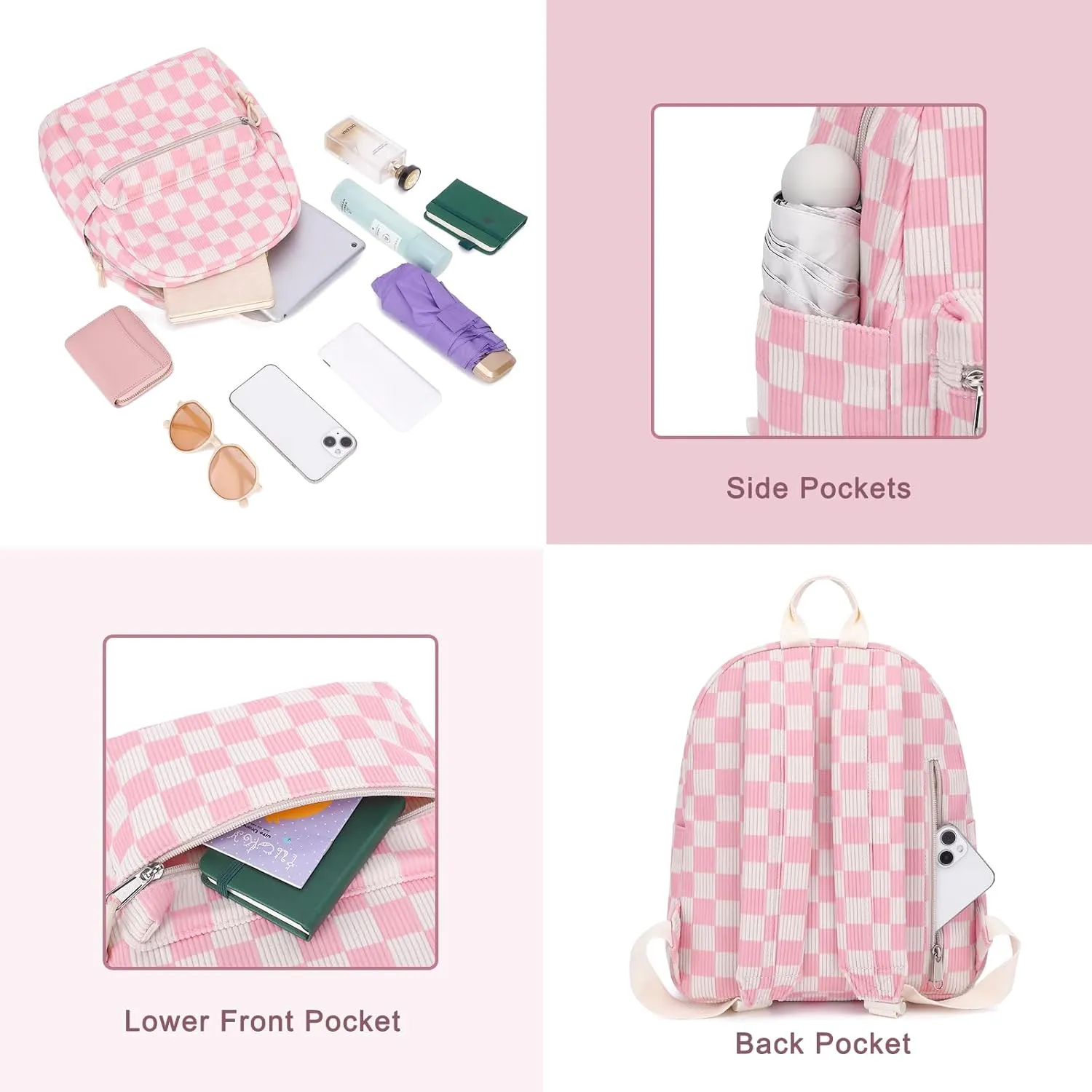 Corduroy Mini Backpack Purse Fashion Small Backpack Casual Daypack for Women Girls School Travel (Checkered Pink)