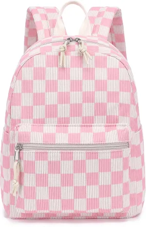 Corduroy Mini Backpack Purse Fashion Small Backpack Casual Daypack for Women Girls School Travel (Checkered Pink)