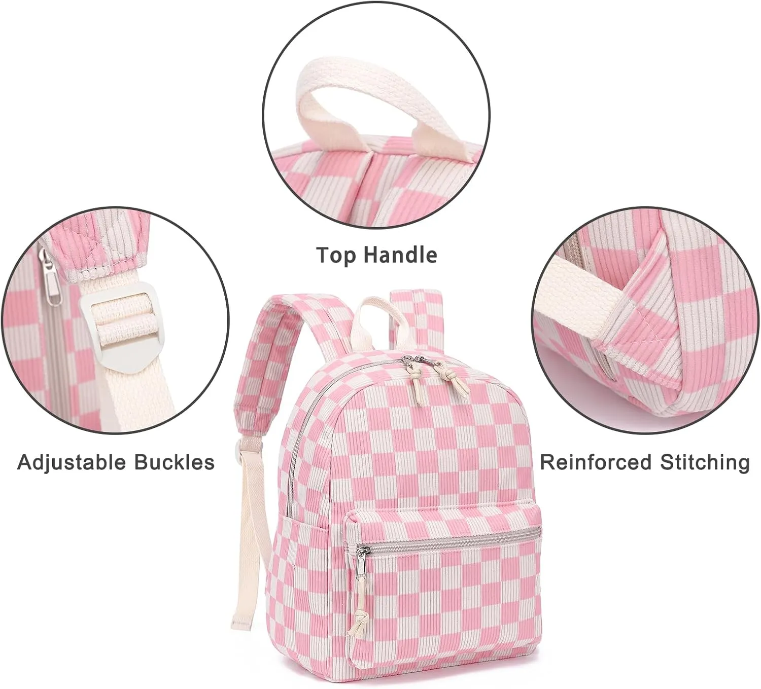 Corduroy Mini Backpack Purse Fashion Small Backpack Casual Daypack for Women Girls School Travel (Checkered Pink)