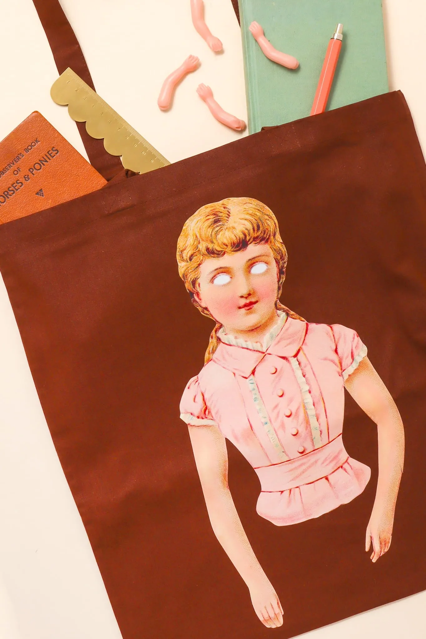 Creepy Doll Brown Tote Bag