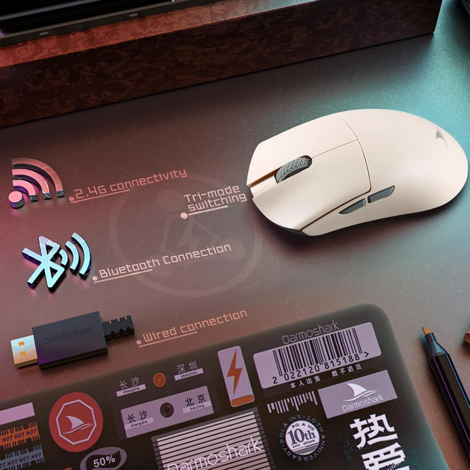 Darmoshark M3 Wireless Gaming Mouse,Tri-Mode 2.4G/USB-C/Bluetooth Mouse Up to 26000DPI,PAW3395 optical sensor Lightweight 58g,5 programmable button 500MAh Battery Life,Computer Mouse for Laptop,PC,Mac