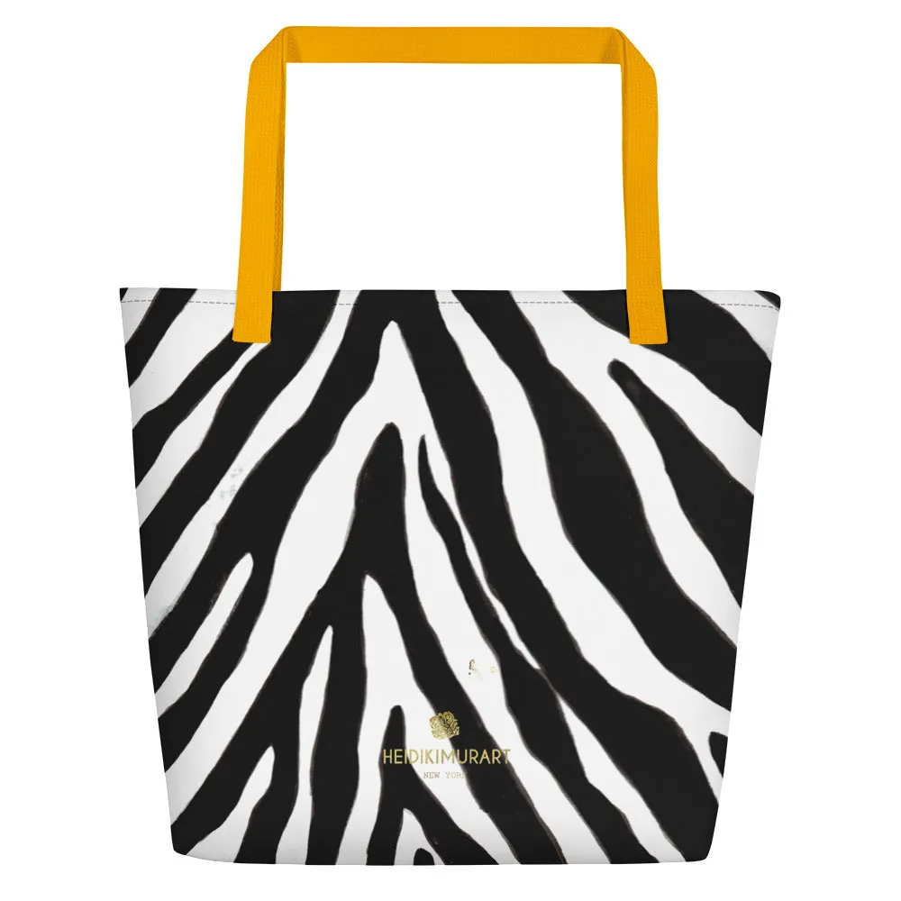 Designer Zebra Tote Bag, Black White Zebra Animal Pattern Print Large Tote 16"x20" Beach Bag- Made in USA/EU