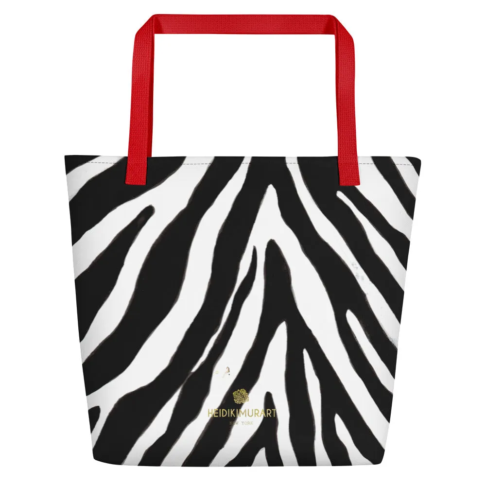Designer Zebra Tote Bag, Black White Zebra Animal Pattern Print Large Tote 16"x20" Beach Bag- Made in USA/EU