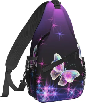 Dujiea Crossbody Backpack For Men Women Sling Bag, Butterflies And Sparkle Stars Chest Bag Shoulder Bag Lightweight One Strap Backpack Multipurpose Travel Hiking Daypack