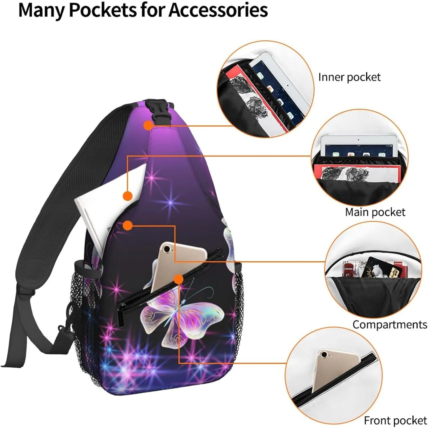 Dujiea Crossbody Backpack For Men Women Sling Bag, Butterflies And Sparkle Stars Chest Bag Shoulder Bag Lightweight One Strap Backpack Multipurpose Travel Hiking Daypack
