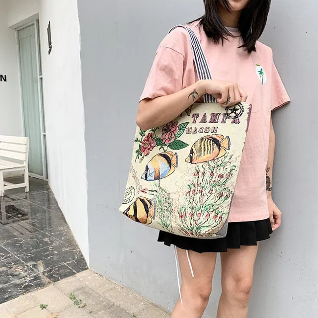 Ethnic Cartoon Canvas Tote Handbag
