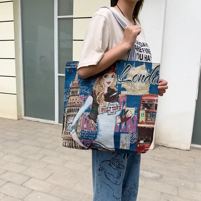 Ethnic Cartoon Canvas Tote Handbag