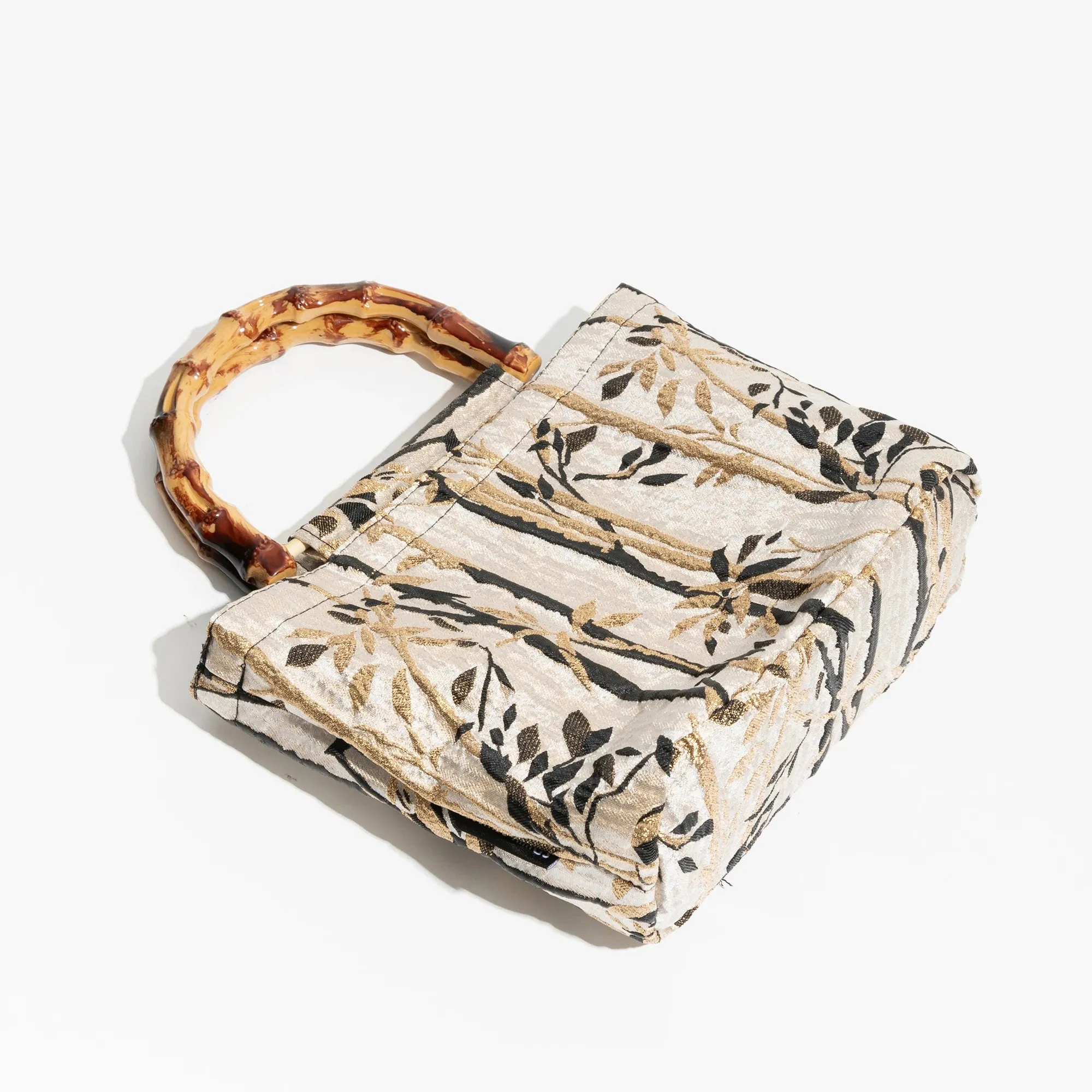 Floral Embroidery bamboo handle handbag