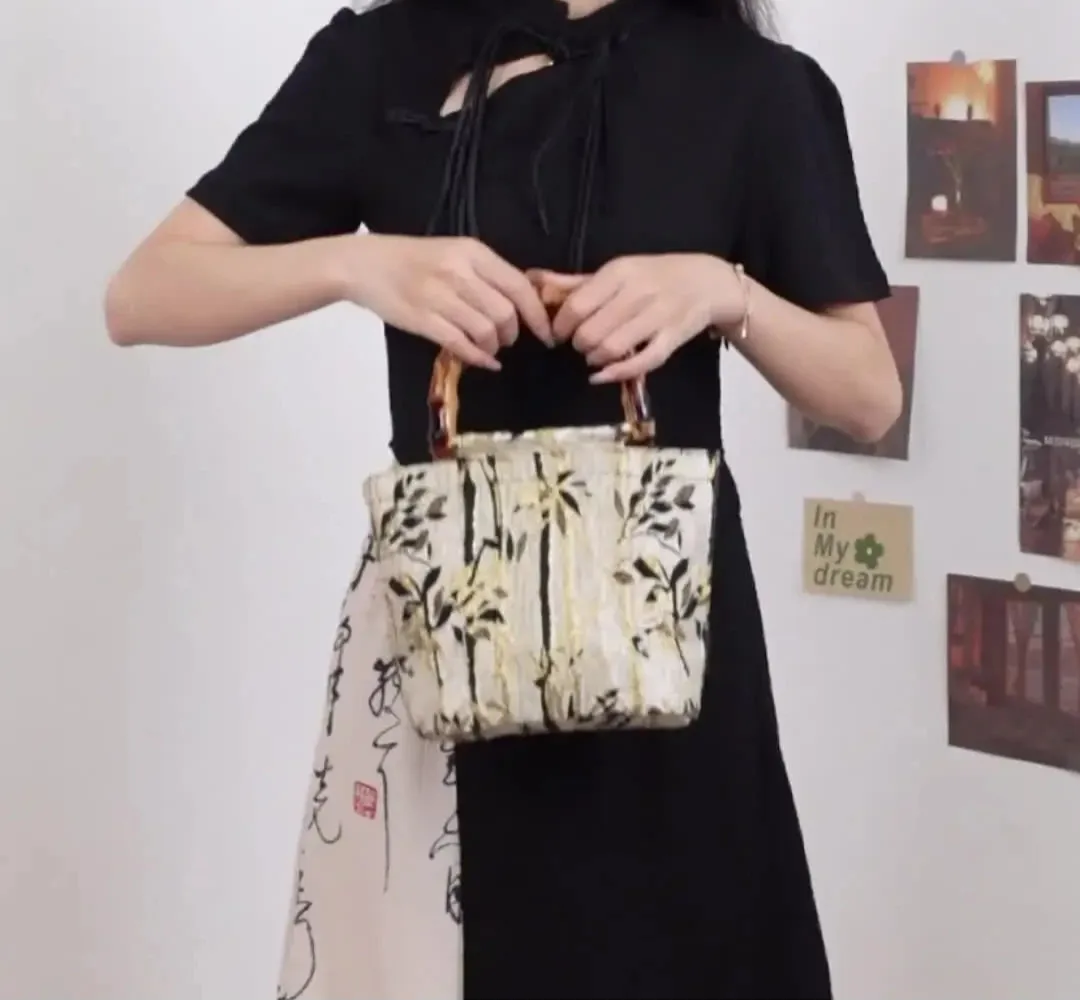 Floral Embroidery bamboo handle handbag
