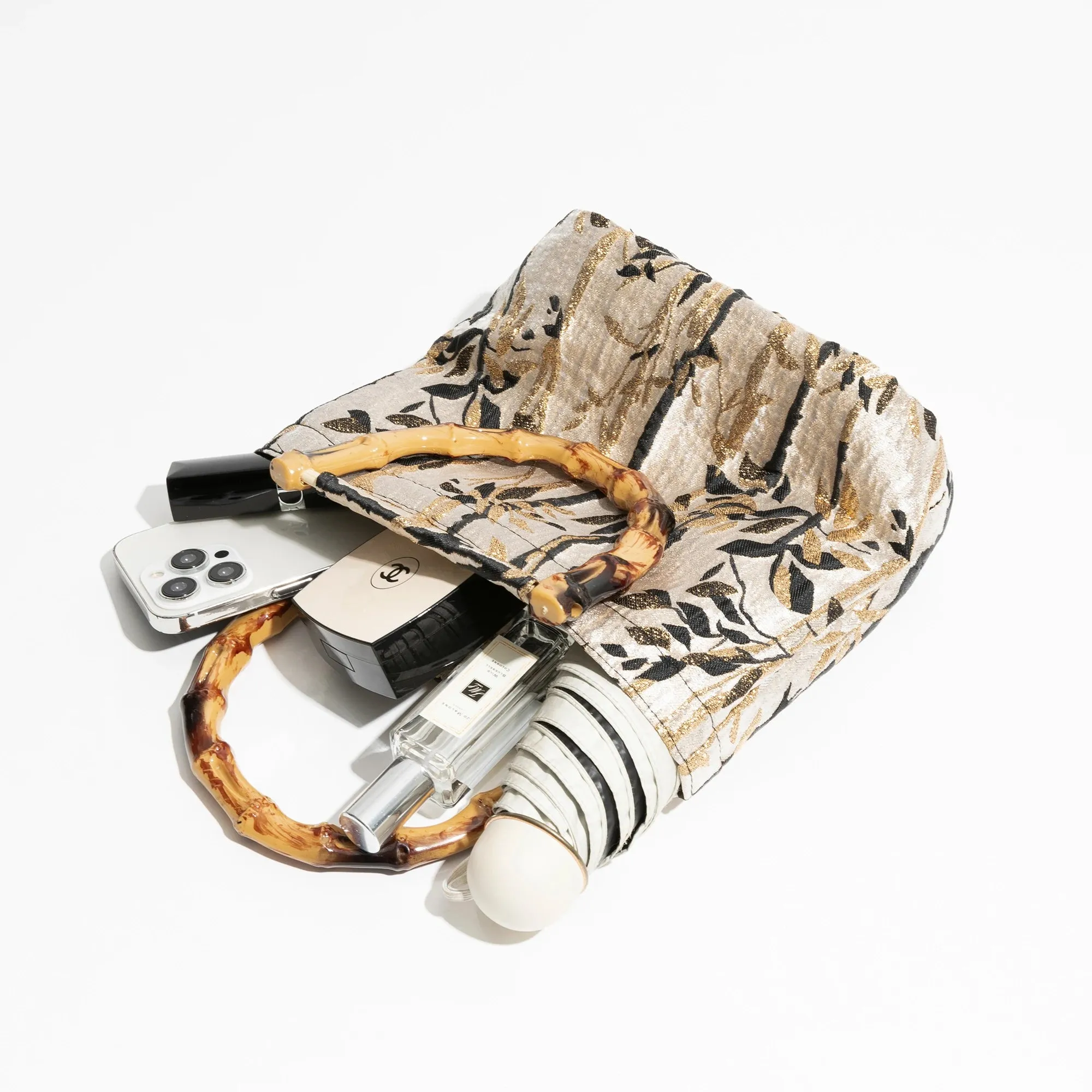 Floral Embroidery bamboo handle handbag