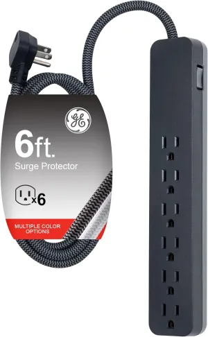 GE UltraPro 6-Outlet Surge Protector, 6 Ft Designer Braided Extension Cord, 560 Joules, Flat Plug, Wall Mount, UL Listed, Black, 45271