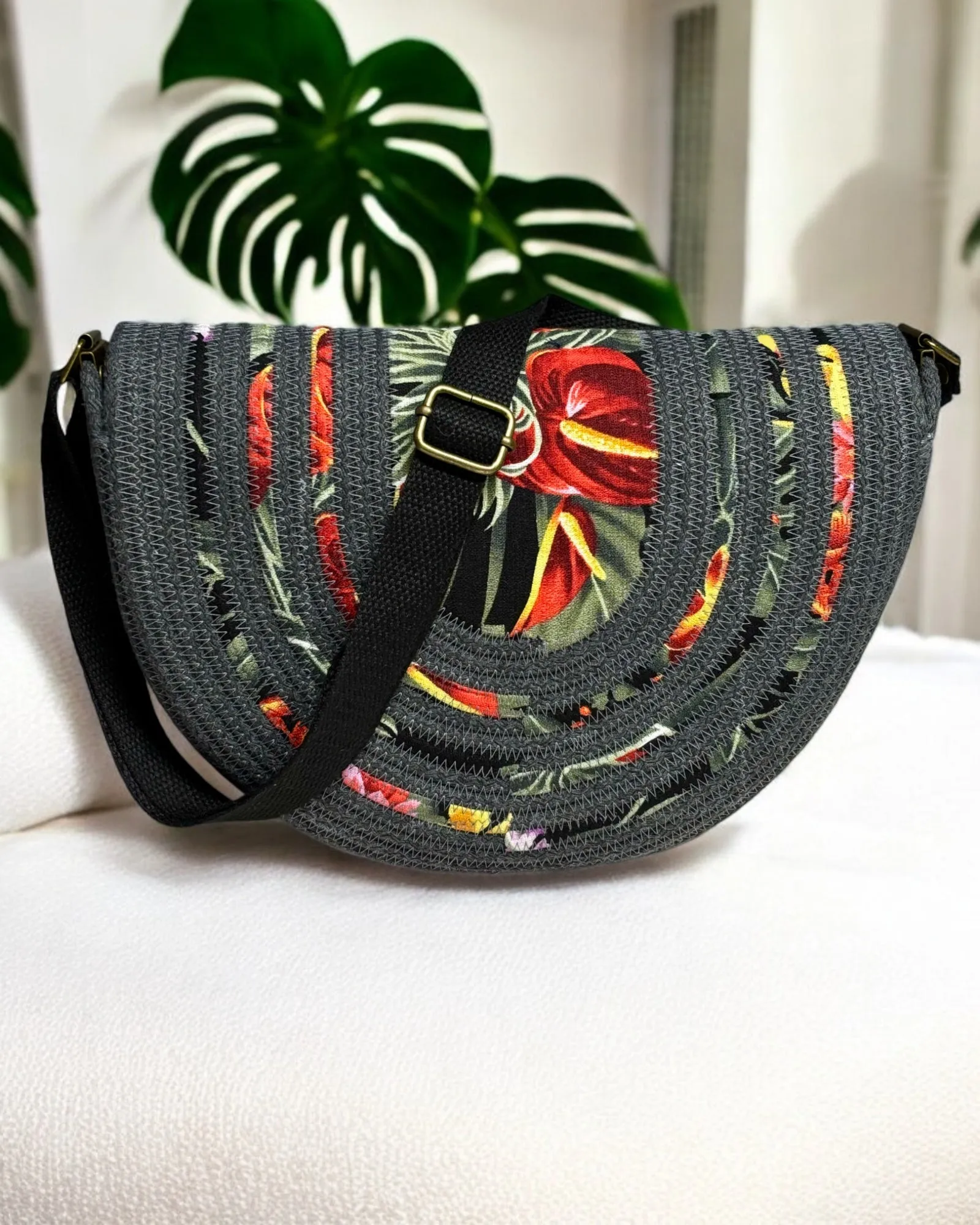 Graphite Mahina Crossbody Messenger Bag - Anthurium Flower Accents, Handmade, & Eco-Friendly