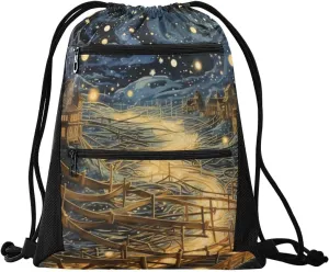 Gym Drawstring Backpack Sports String Bags Training Gym Sack Nocturne Night Piece Night Scene with Zipper Pocket Small