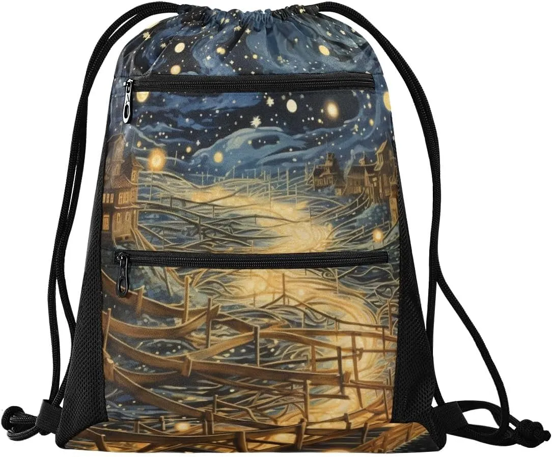 Gym Drawstring Backpack Sports String Bags Training Gym Sack Nocturne Night Piece Night Scene with Zipper Pocket Small
